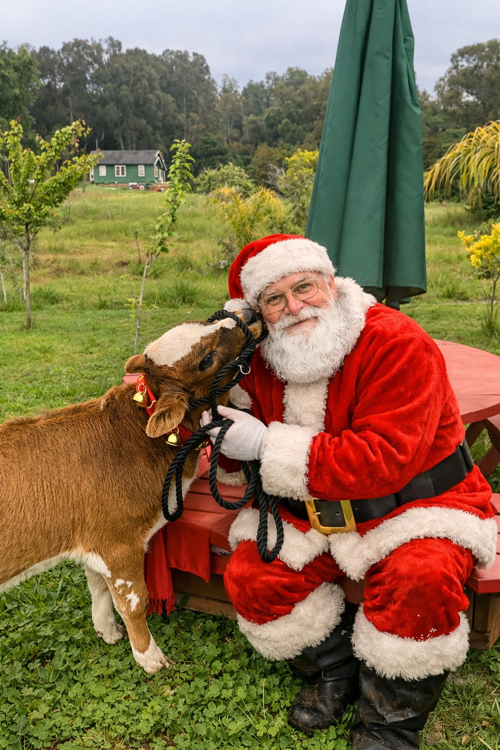 Real-beard Santa Mark McIntyre hugging Bandit, a rare Sundog Micro Miniature Toy calf wearing Christmas jingle bells. Professional Santa services for California's South Bay and Central Coast regions.